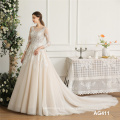 New princess style Long sleeve Boat neck Button Illusion backless wedding dress big puffy tulle lace train